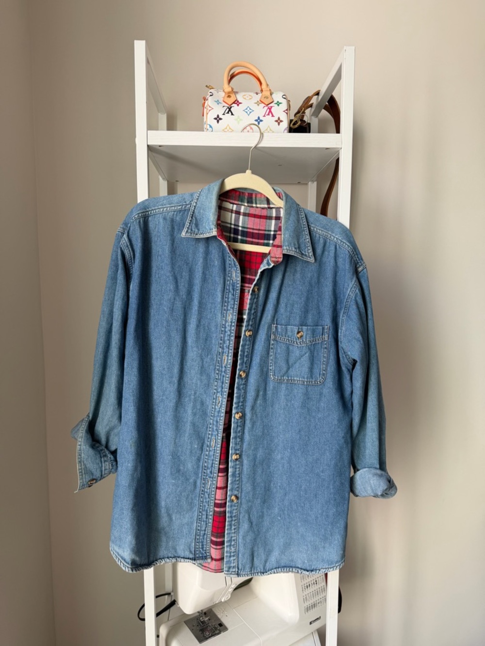 Denim Button-Up Shirt with Plaid Lining